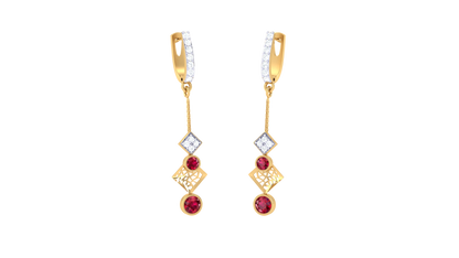 0.22 Ct - Diamond Hoop Drop Earrings With Red Gemstone Accents In Gold