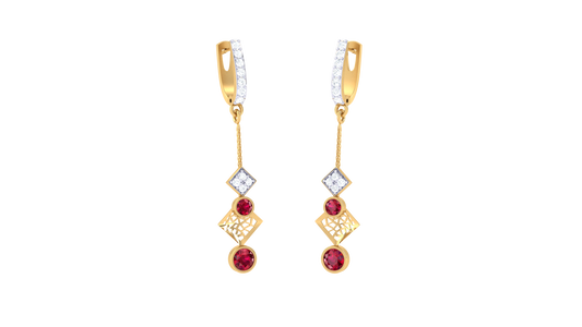 0.22 Ct - Diamond Hoop Drop Earrings With Red Gemstone Accents In Gold