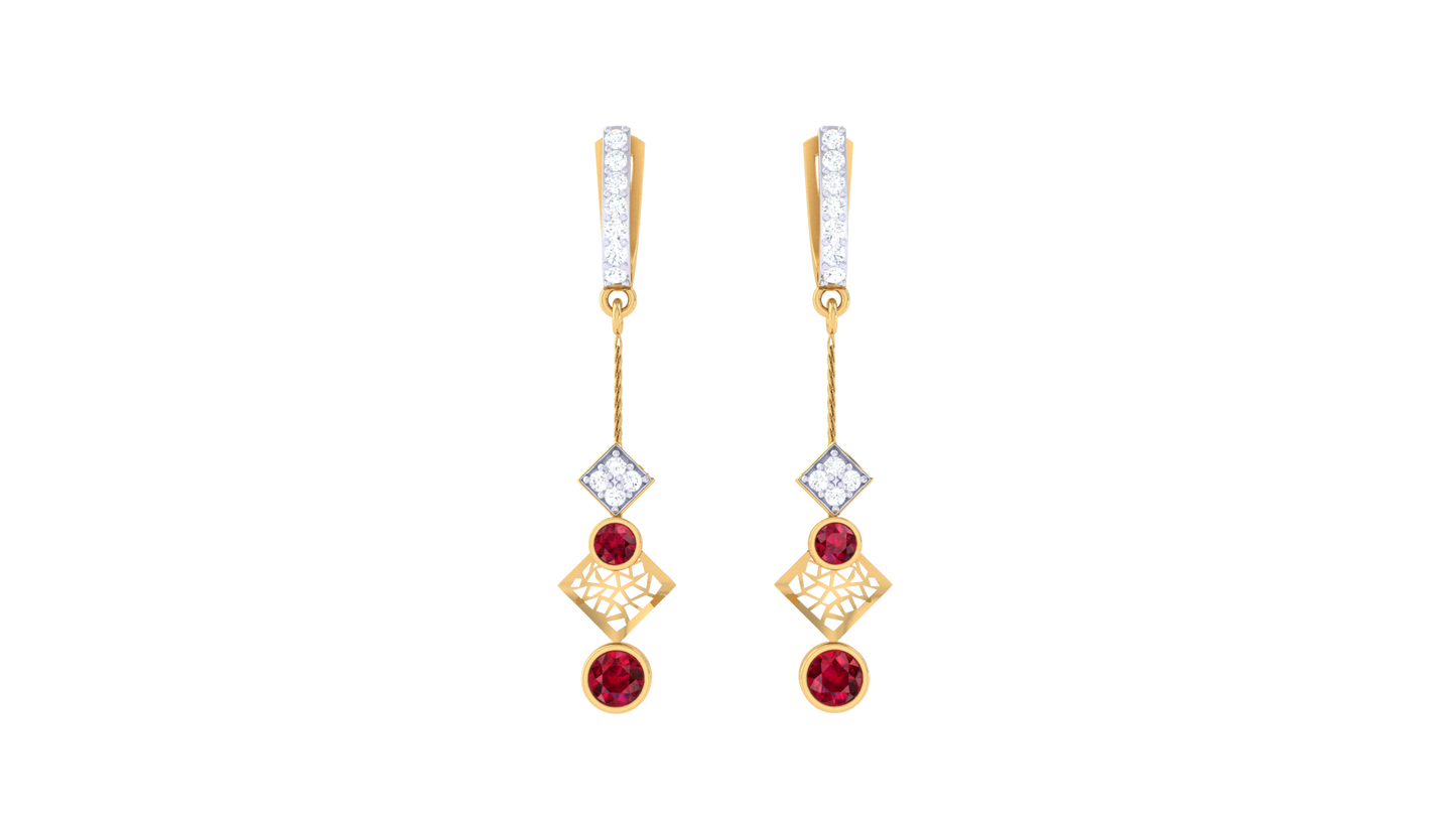 0.22 Ct - Diamond Hoop Drop Earrings With Red Gemstone Accents In Gold