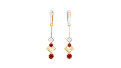 0.22 Ct - Diamond Hoop Drop Earrings With Red Gemstone Accents In Gold