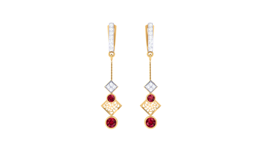 0.22 Ct - Diamond Hoop Drop Earrings With Red Gemstone Accents In Gold
