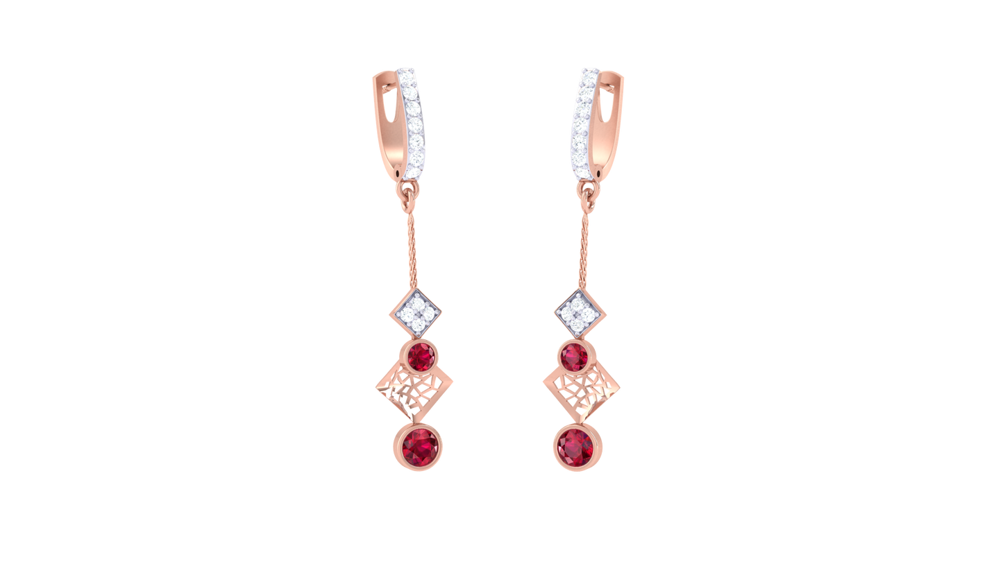 0.22 Ct - Diamond Hoop Drop Earrings With Red Gemstone Accents In Gold