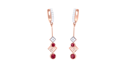 0.22 Ct - Diamond Hoop Drop Earrings With Red Gemstone Accents In Gold