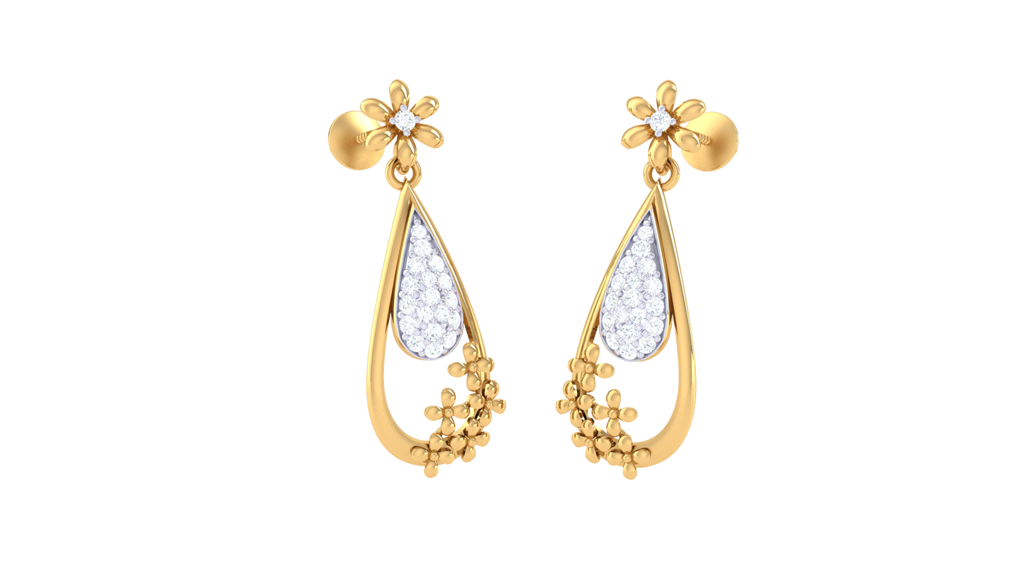 Tear Drop Earrings With Gold Floral Accents - 0.29 Ct Diamonds