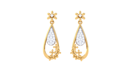 Tear Drop Earrings With Gold Floral Accents - 0.29 Ct Diamonds