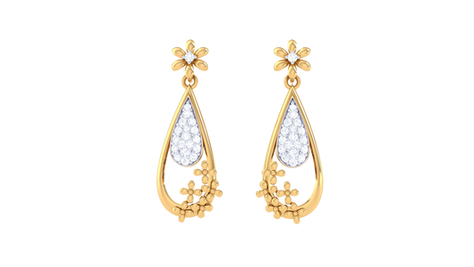 Tear Drop Earrings With Gold Floral Accents - 0.29 Ct Diamonds