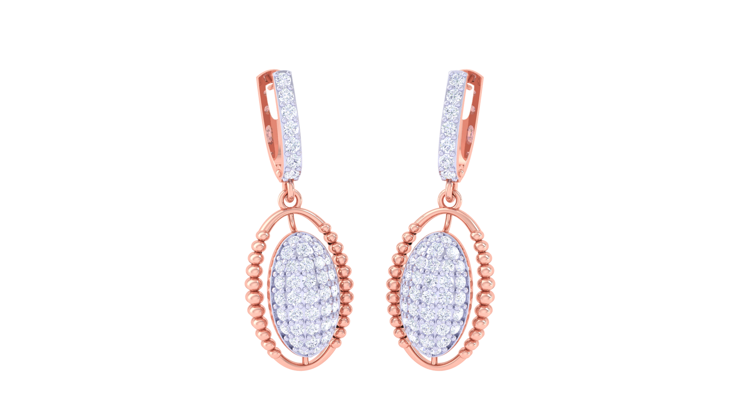 Oval Hoop Earrings With Beaded Gold Border - 0.74 Ct Sparking Diamonds
