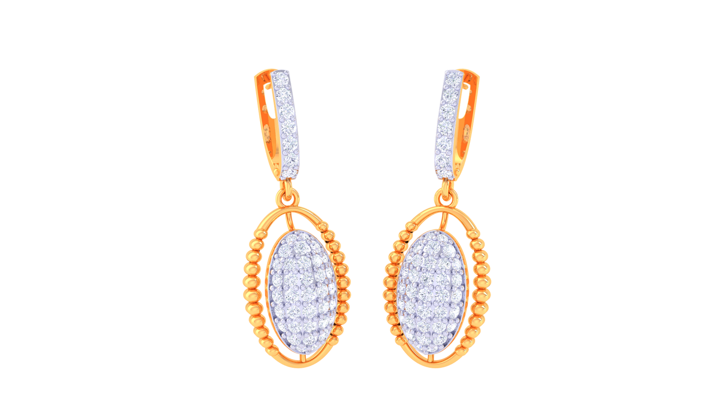 Oval Hoop Earrings With Beaded Gold Border - 0.74 Ct Sparking Diamonds
