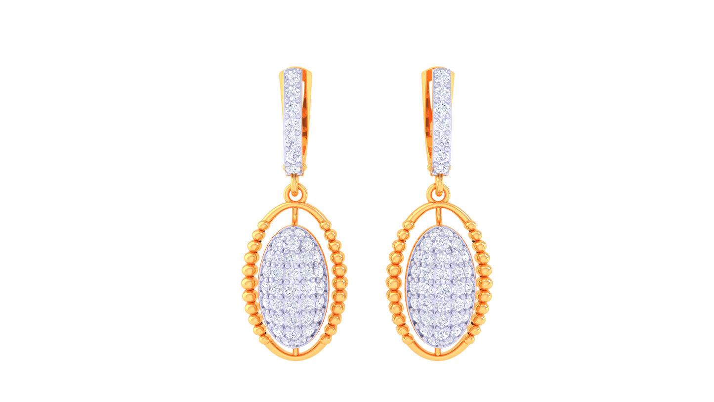 Oval Hoop Earrings With Beaded Gold Border - 0.74 Ct Sparking Diamonds