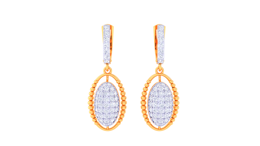 Oval Hoop Earrings With Beaded Gold Border - 0.74 Ct Sparking Diamonds
