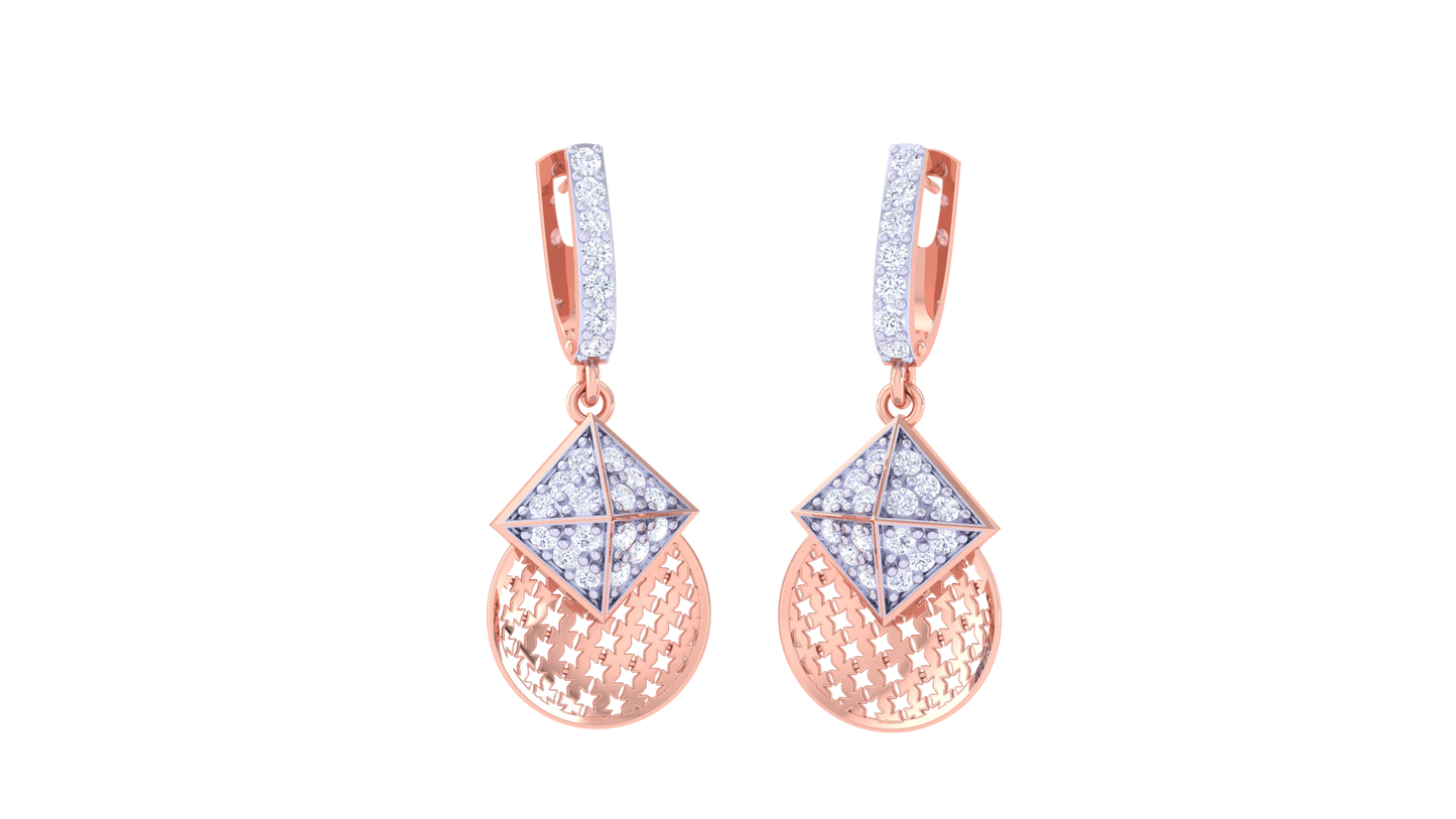 Geometric Hoop Earrings With Gold Lattice Disc - 0.43 Ct Diamonds