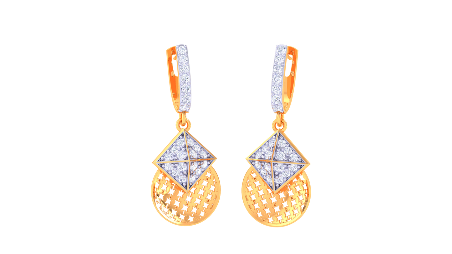 Geometric Hoop Earrings With Gold Lattice Disc - 0.43 Ct Diamonds