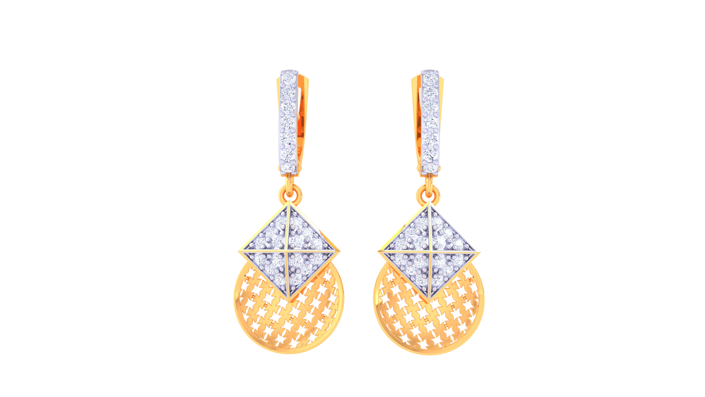 Geometric Hoop Earrings With Gold Lattice Disc - 0.43 Ct Diamonds