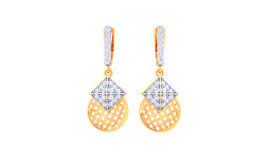 Geometric Hoop Earrings With Gold Lattice Disc - 0.43 Ct Diamonds