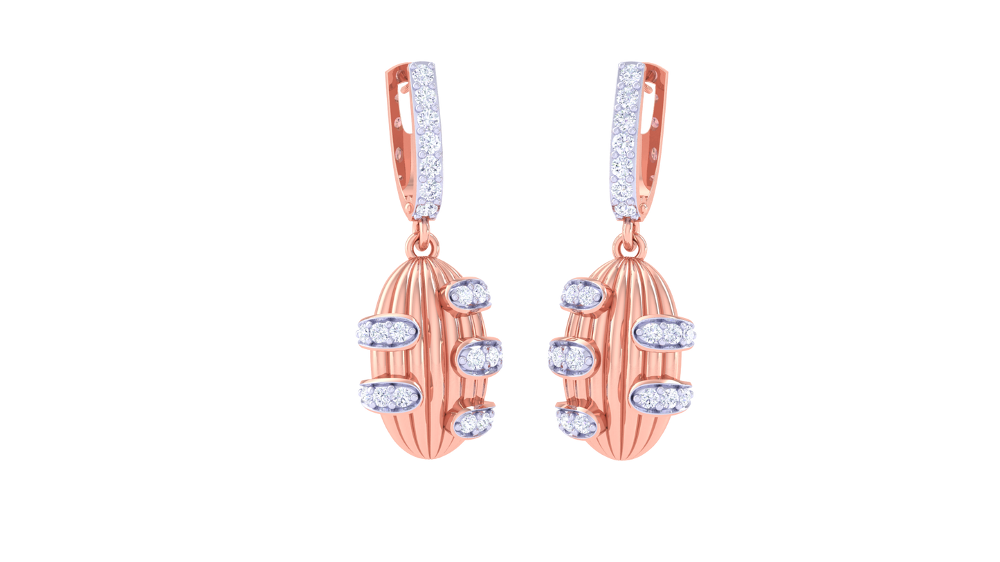 Vertical Oval Hoop Earrings In Ribbed Gold Finish - 0.39 Ct Sparking Diamonds