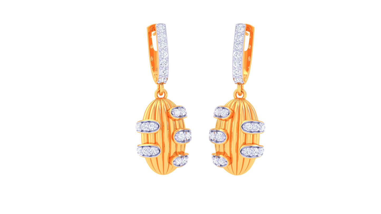 Vertical Oval Hoop Earrings In Ribbed Gold Finish - 0.39 Ct Sparking Diamonds