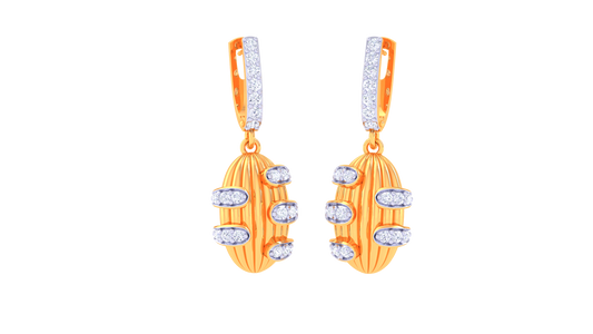 Vertical Oval Hoop Earrings In Ribbed Gold Finish - 0.39 Ct Sparking Diamonds