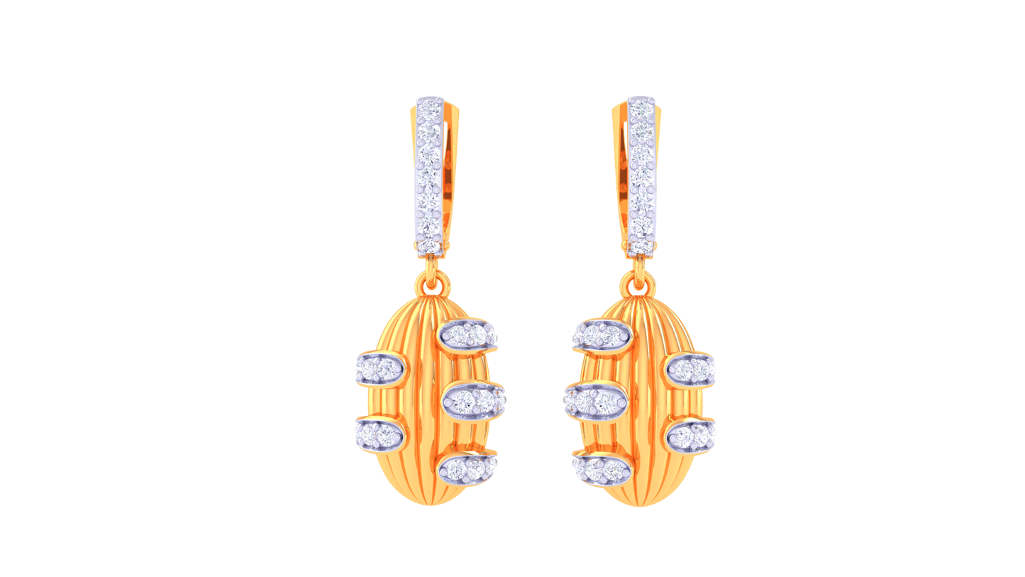 Vertical Oval Hoop Earrings In Ribbed Gold Finish - 0.39 Ct Sparking Diamonds