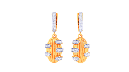 Vertical Oval Hoop Earrings In Ribbed Gold Finish - 0.39 Ct Sparking Diamonds
