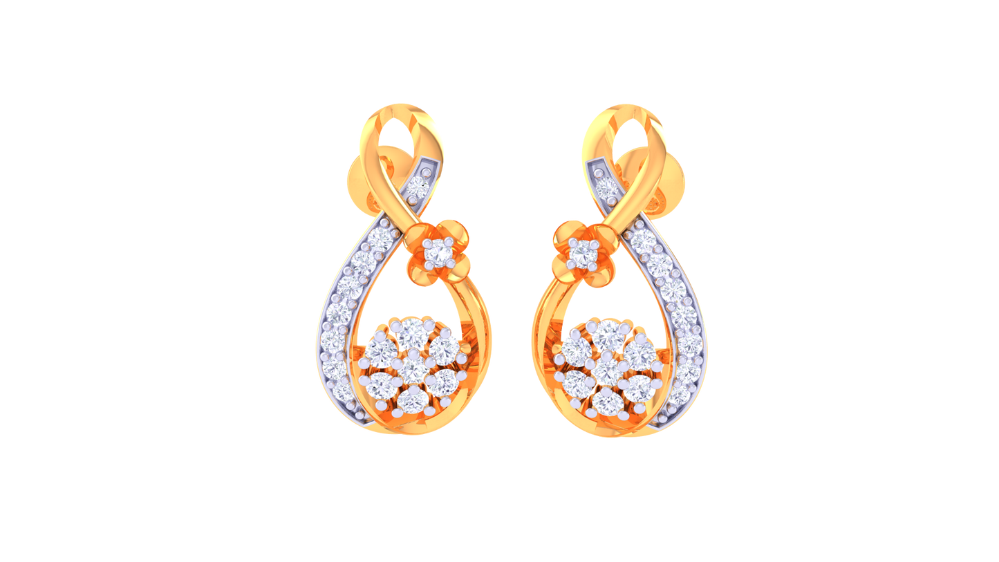 Infinity Loop Stud Earrings With Floral Accents In Gold - 0.23 Ct Sparking Diamonds