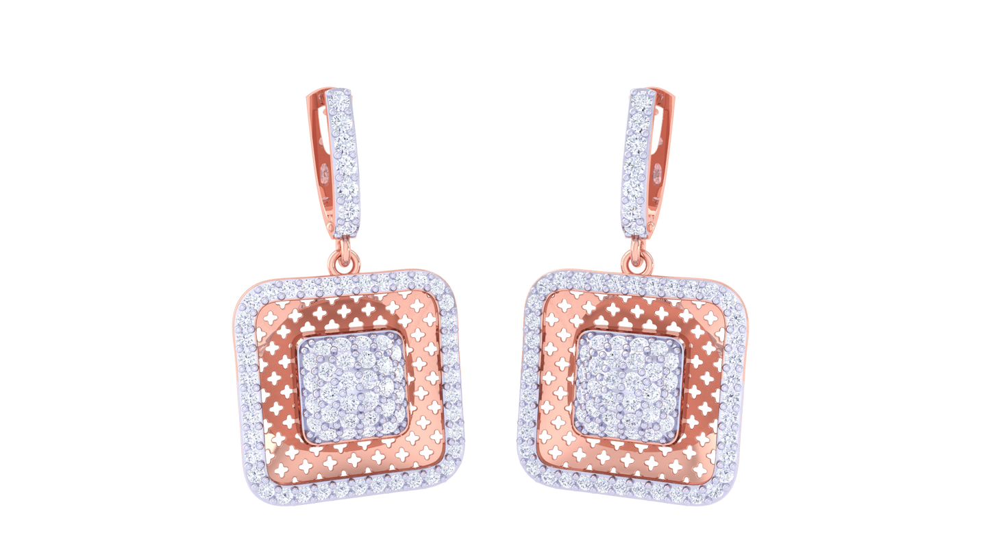 Square Hoop Earrings With Star-Patterned Gold Inset - 1.26 Ct Dazzling Diamonds