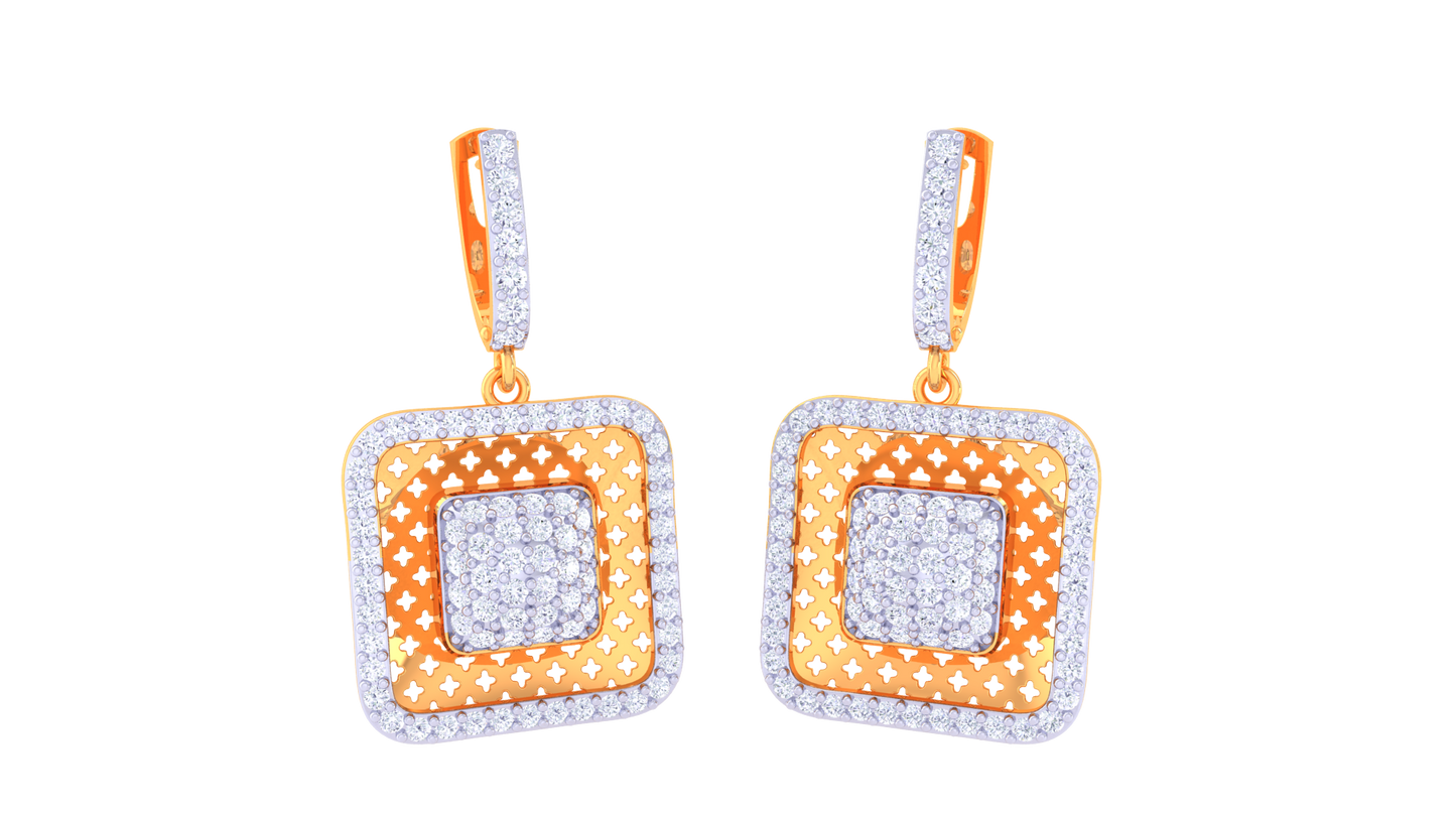 Square Hoop Earrings With Star-Patterned Gold Inset - 1.26 Ct Dazzling Diamonds