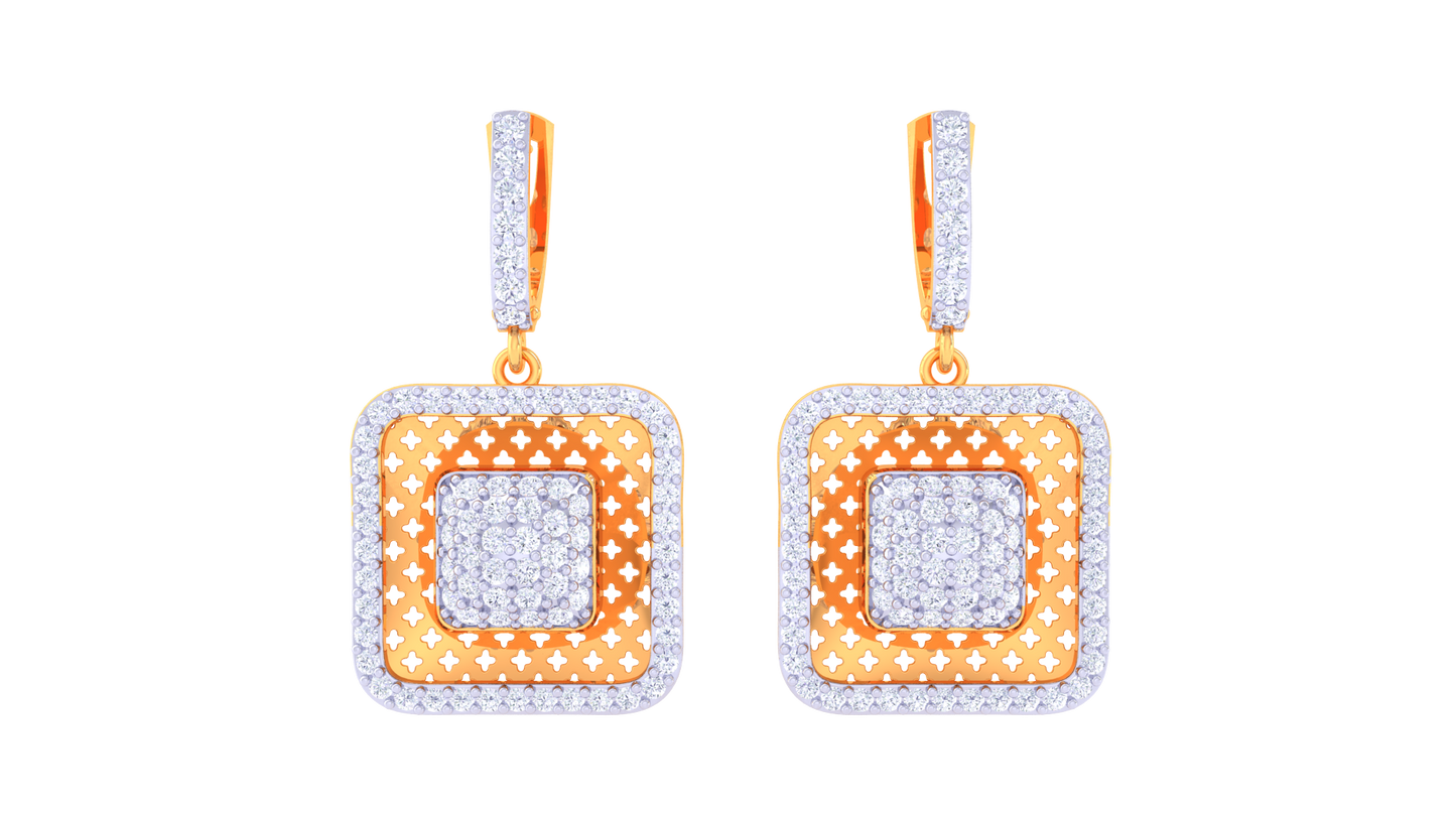 Square Hoop Earrings With Star-Patterned Gold Inset - 1.26 Ct Dazzling Diamonds