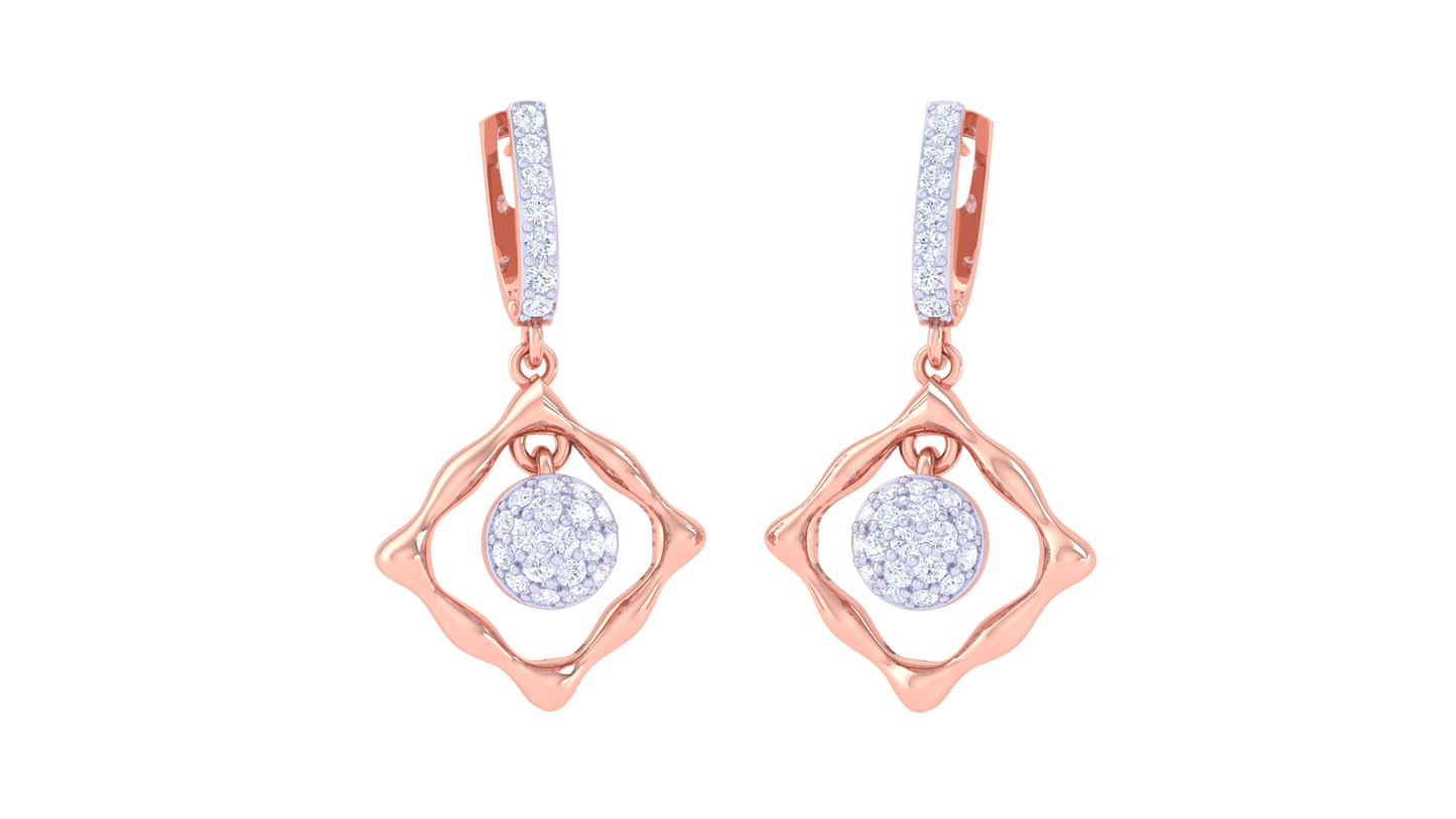 Wavy Square Gold Hoop Earrings with Circular Centerpiece - 0.48 Ct Diamonds `