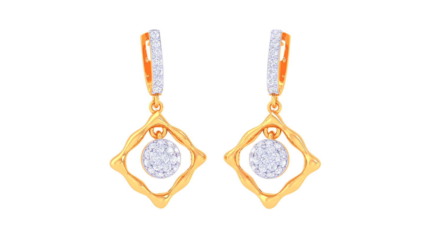 Wavy Square Gold Hoop Earrings with Circular Centerpiece - 0.48 Ct Diamonds `