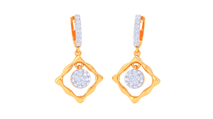 Wavy Square Gold Hoop Earrings with Circular Centerpiece - 0.48 Ct Diamonds `