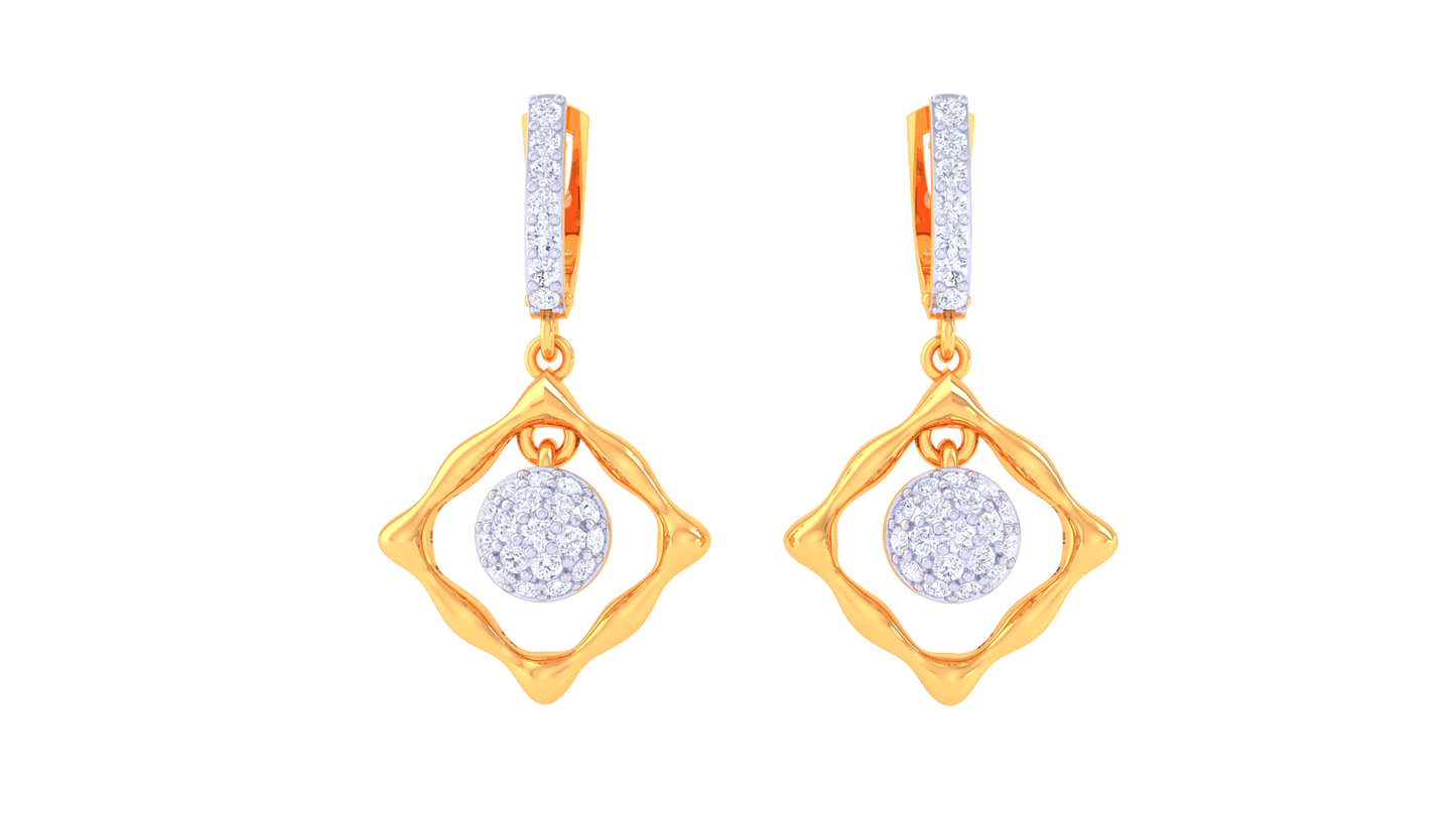 Wavy Square Gold Hoop Earrings with Circular Centerpiece - 0.48 Ct Diamonds `