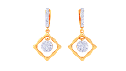 Wavy Square Gold Hoop Earrings with Circular Centerpiece - 0.48 Ct Diamonds `