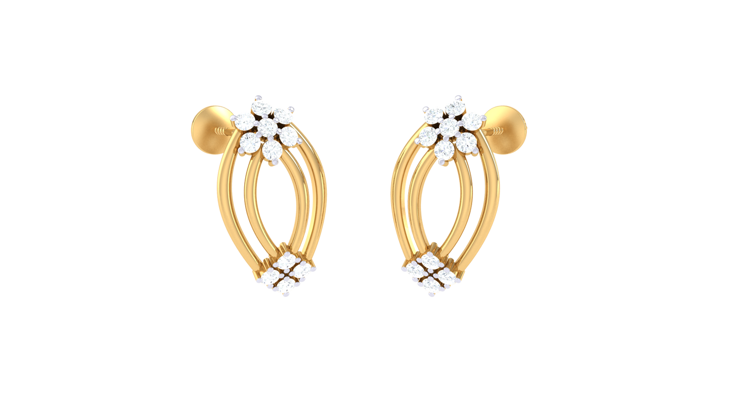 Floral Crest Gold Stud Earrings - 0.27 Ct Diamond Accents