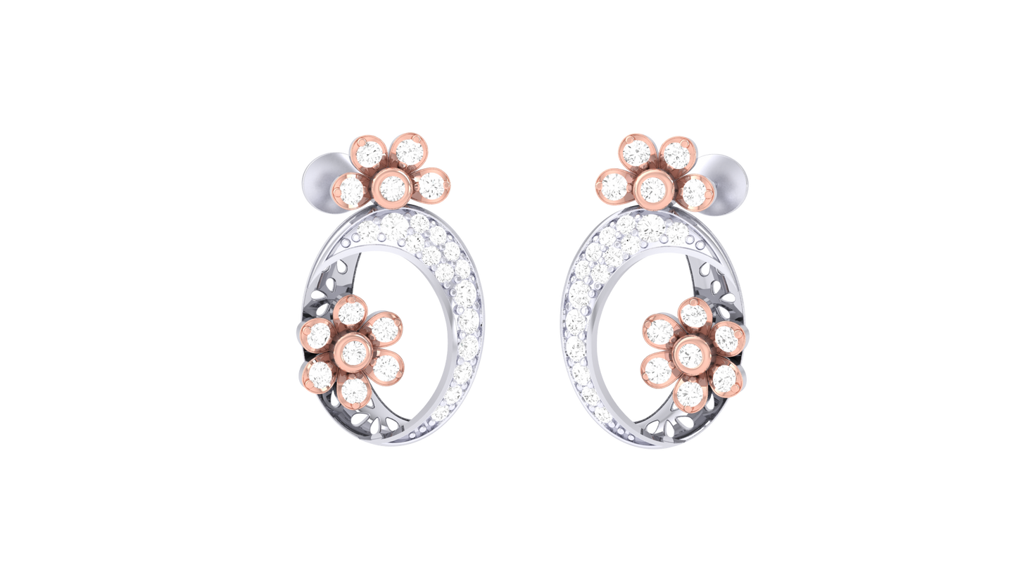 Fleuron Flroal With 0.36 Ct Round Cut Diamonds - Fancy Ovel Shaped Golden Drop Earrings