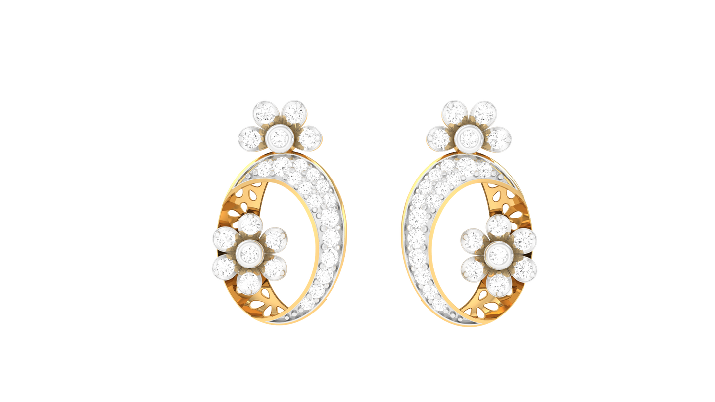 Fleuron Flroal With 0.36 Ct Round Cut Diamonds - Fancy Ovel Shaped Golden Drop Earrings