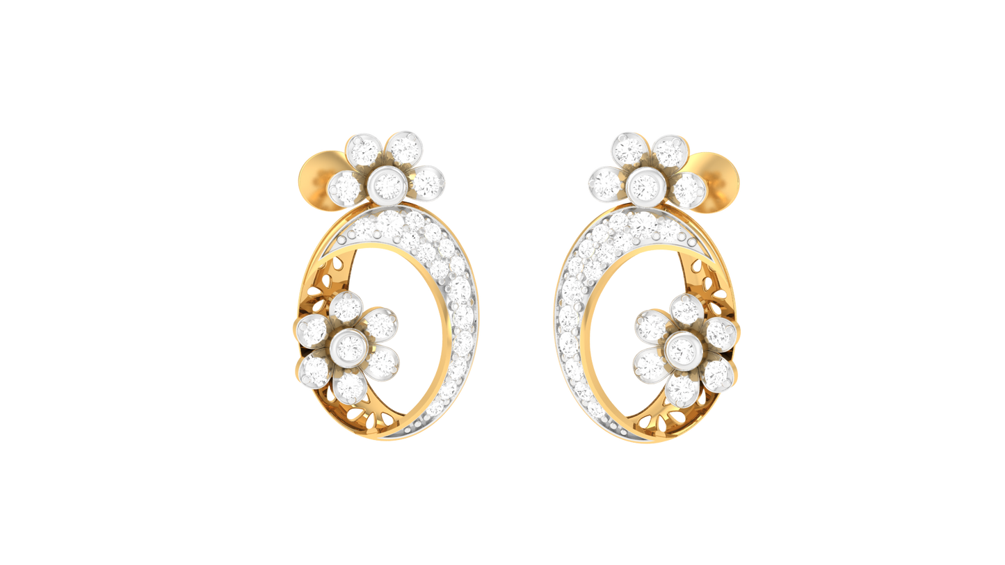 Fleuron Flroal With 0.36 Ct Round Cut Diamonds - Fancy Ovel Shaped Golden Drop Earrings