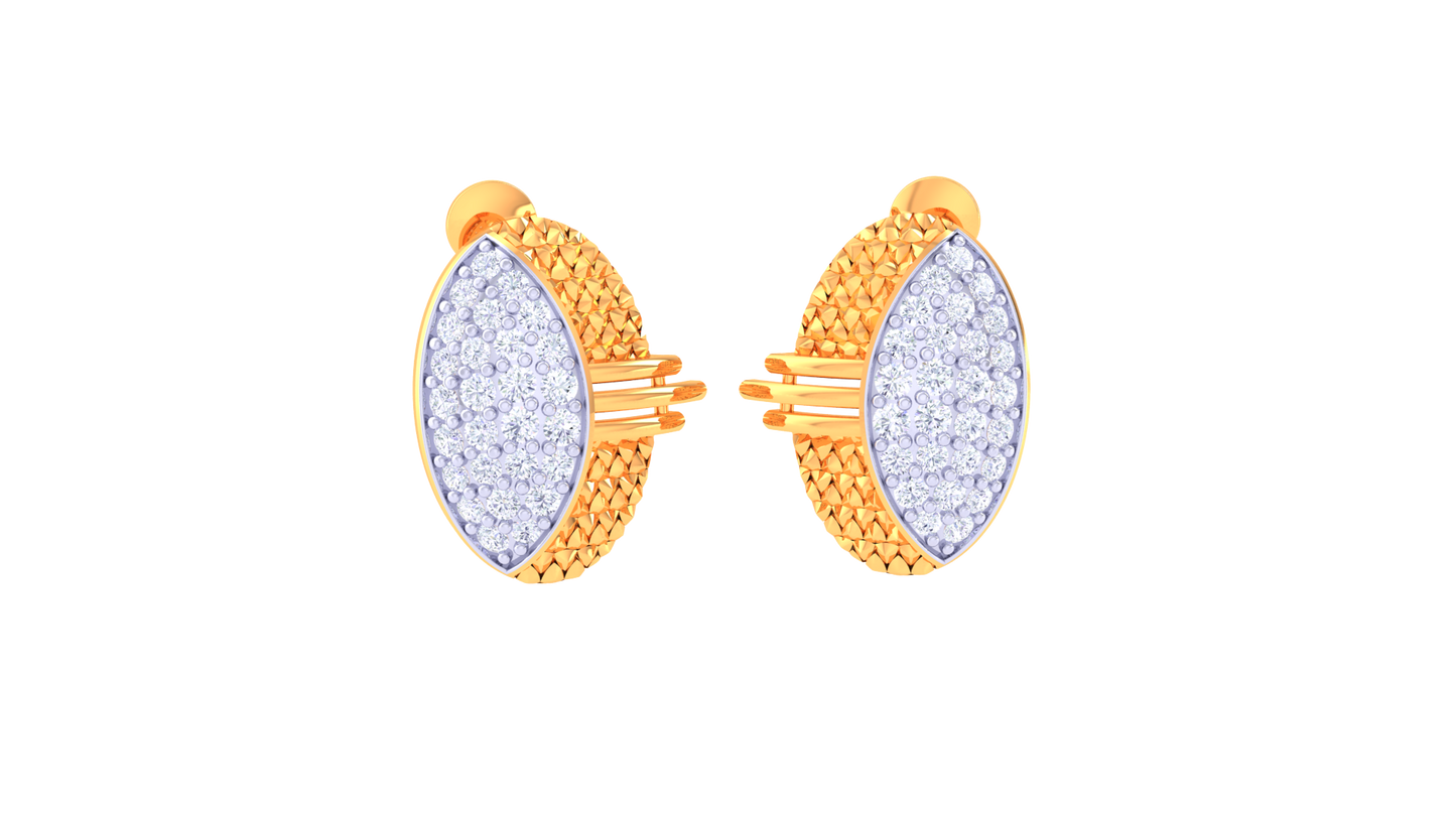 Dual Texture Oval Diamond Stud Earrings In Gold – 0.51 Ct Pave Set
