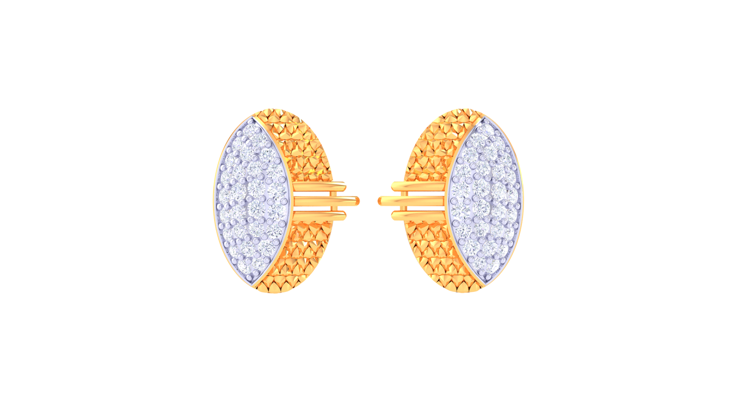 Dual Texture Oval Diamond Stud Earrings In Gold – 0.51 Ct Pave Set