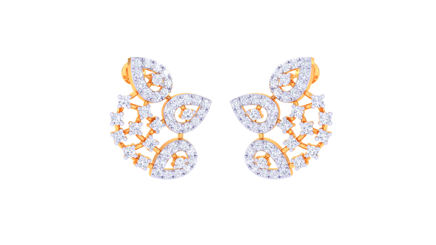 Floral Arc Motif Gold Stud Earrings - 0.90 Ct Dazzling Diamond