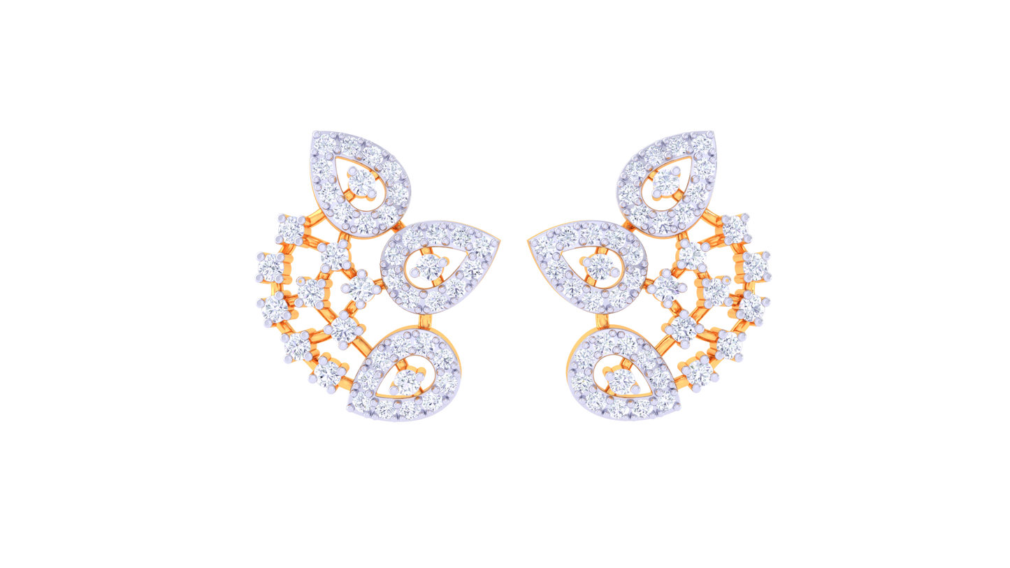 Floral Arc Motif Gold Stud Earrings - 0.90 Ct Dazzling Diamond