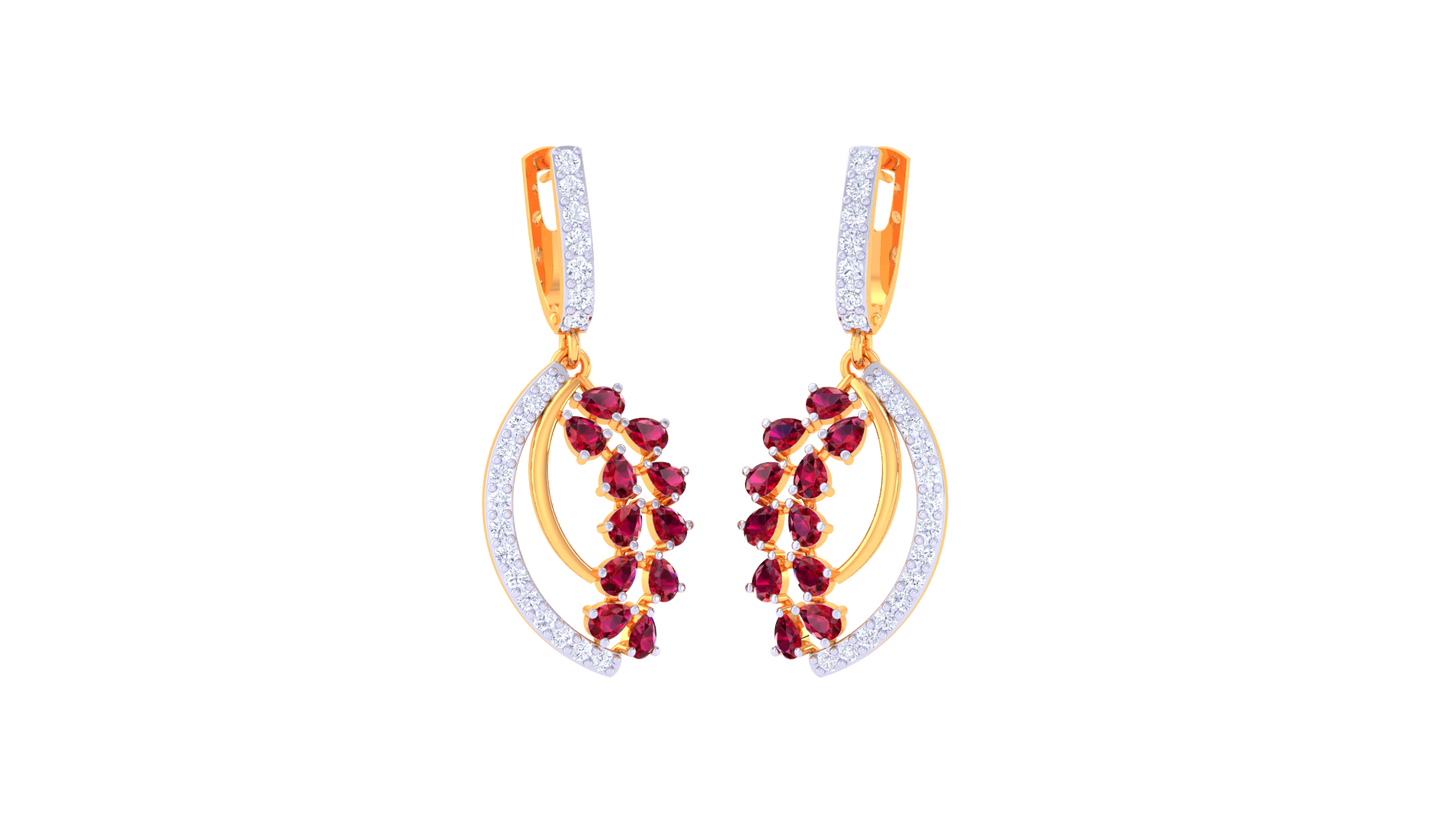 Curved Radiance Ruby Hoop Earrings In Gold - 1.07 Ct Diamond Cluster