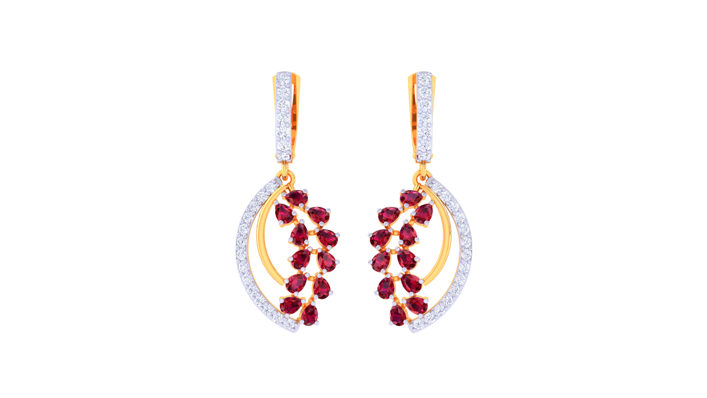 Curved Radiance Ruby Hoop Earrings In Gold - 1.07 Ct Diamond Cluster