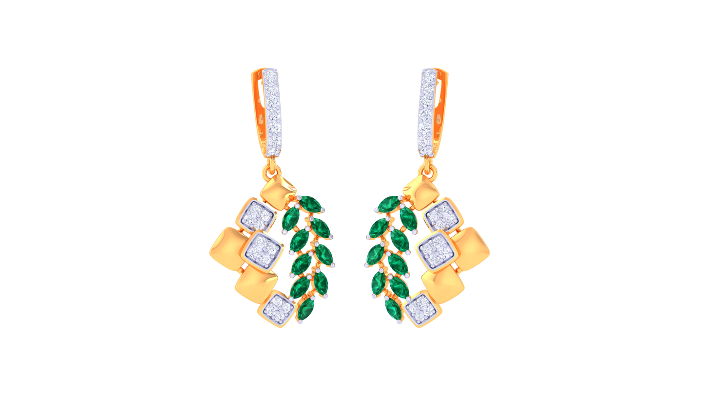 Emerald Leaf Motif Hoop Earrings In Ornate Gold - 0.72 Ct Diamonds