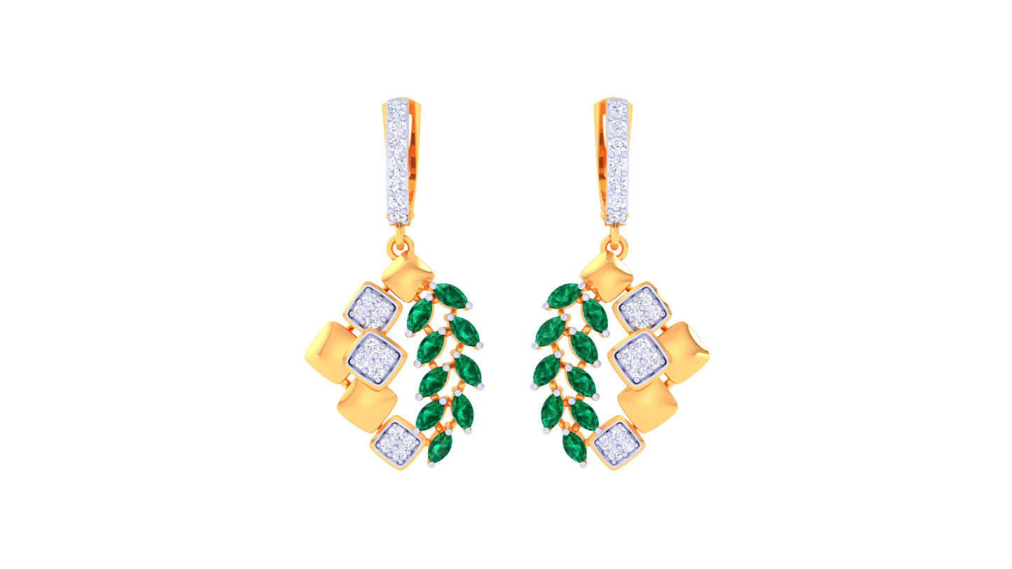 Emerald Leaf Motif Hoop Earrings In Ornate Gold - 0.72 Ct Diamonds