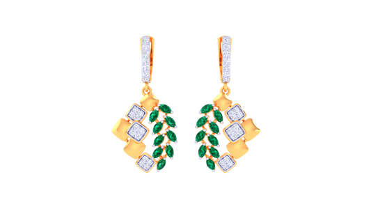 Emerald Leaf Motif Hoop Earrings In Ornate Gold - 0.72 Ct Diamonds