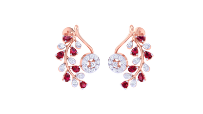 Floral Cascade Golden Stud Earrings - 0.62 Ct Sparkling Diamond & Ruby Drops