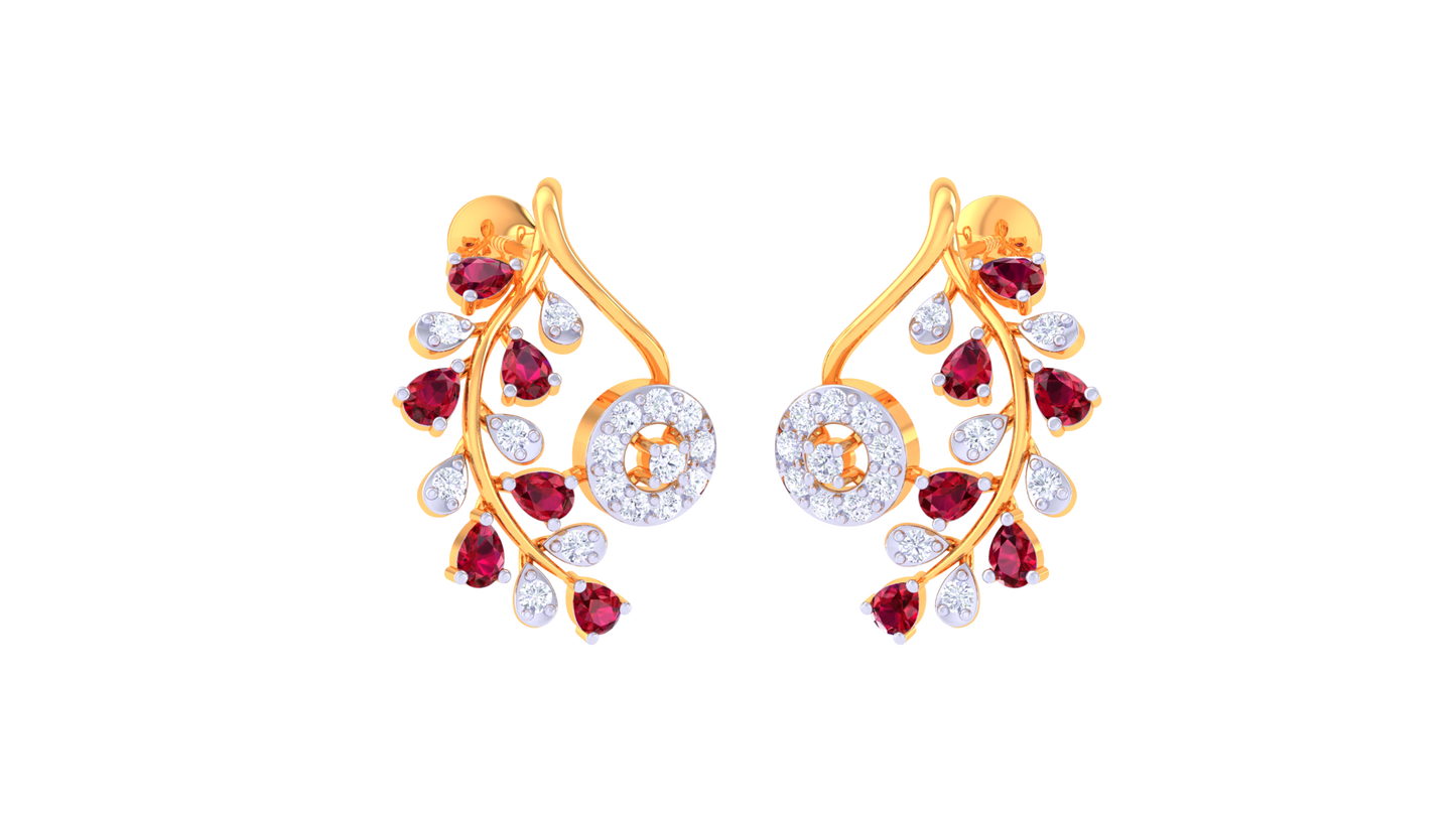 Floral Cascade Golden Stud Earrings - 0.62 Ct Sparkling Diamond & Ruby Drops
