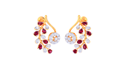 Floral Cascade Golden Stud Earrings - 0.62 Ct Sparkling Diamond & Ruby Drops