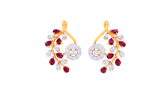 Floral Cascade Golden Stud Earrings - 0.62 Ct Sparkling Diamond & Ruby Drops