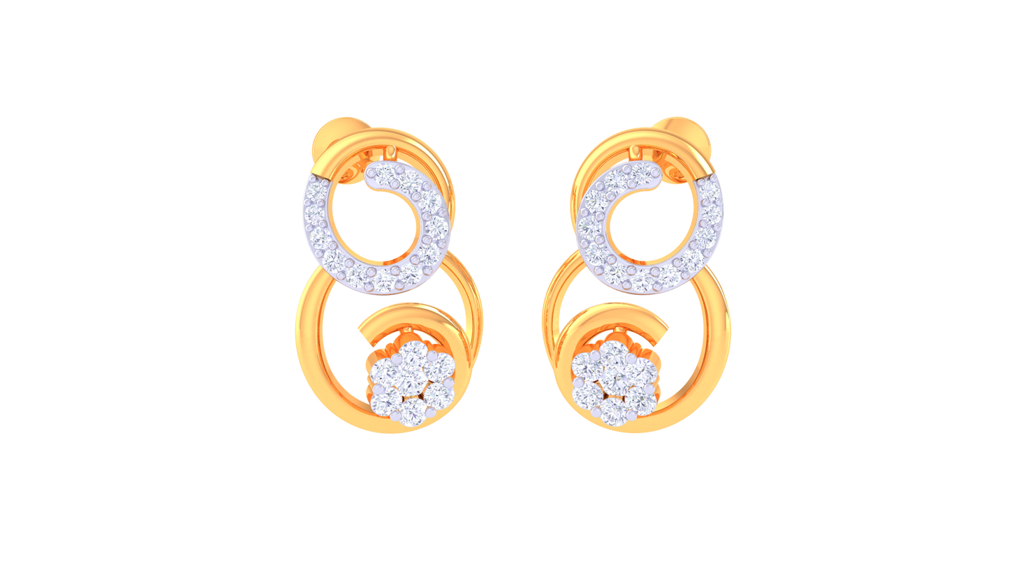 Dual Charm Stud Earrings In Gold - 0.33 Ct Diamonds and Floral Cluster Centerpiece